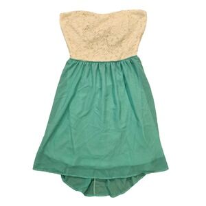 Body Central Teal Lace Strapless High Low Mini Dress Cream Bow Back Womens Small